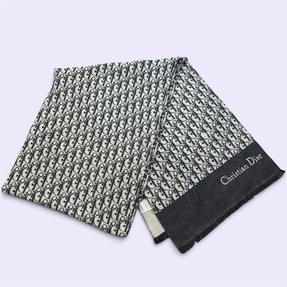 Christian Dior Oblique Monogram Scarf Black Ivory Reversible Made in Italy